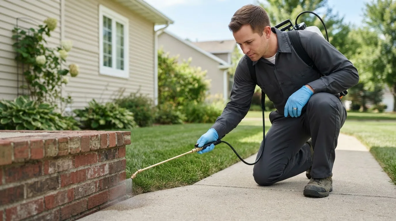Pest control technician treating a home near Harper, KS