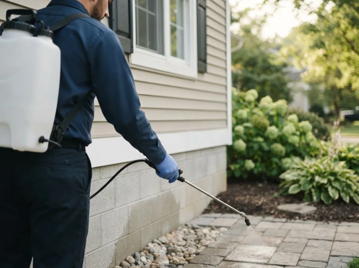 Pest control technician inspecting a home in Harper, KS